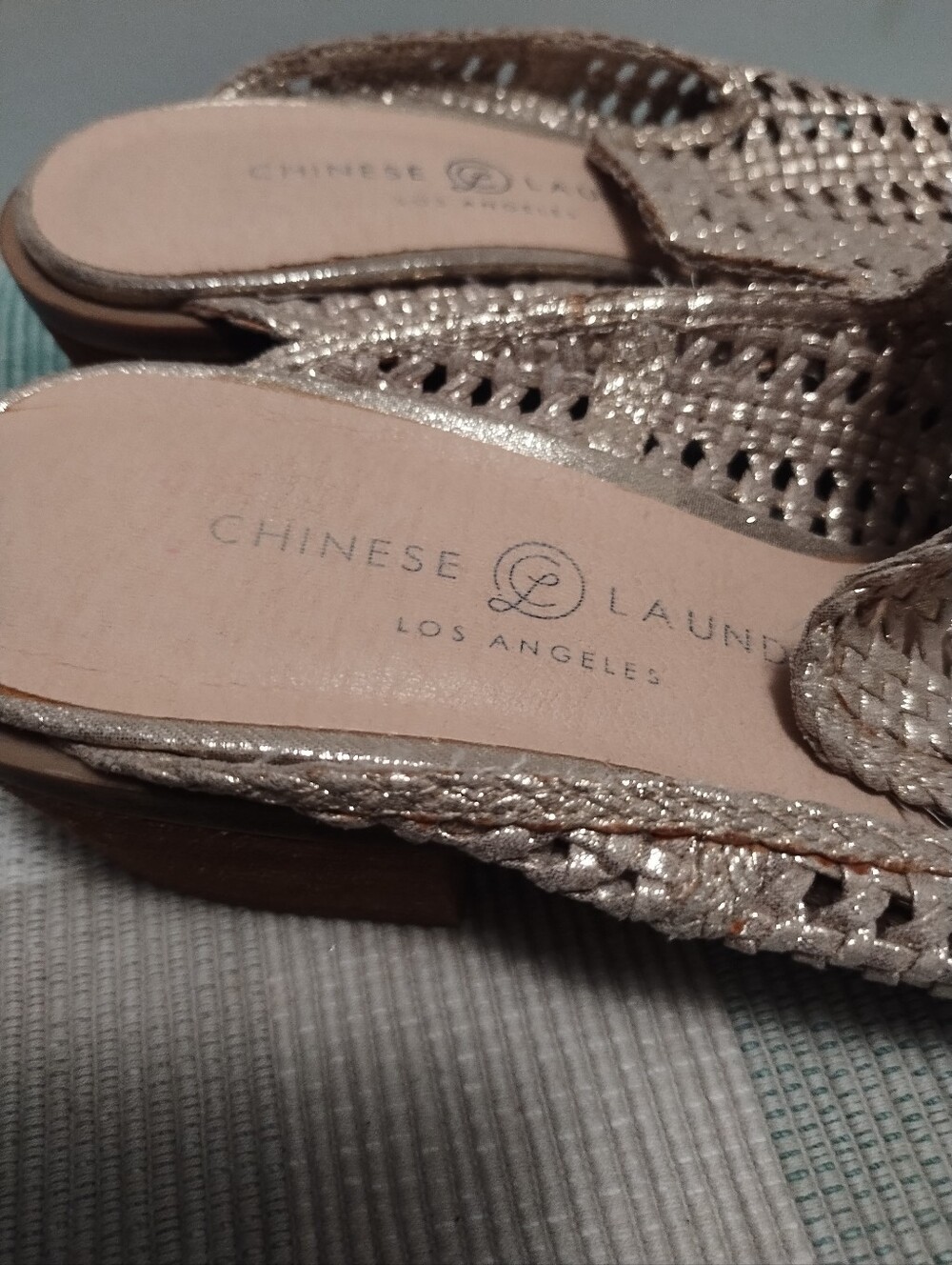 Chinese Laundry Gold Woven Slide Mules